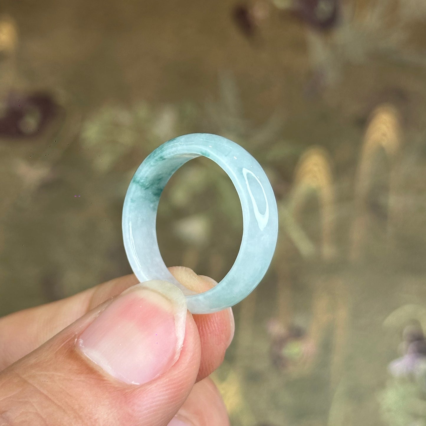 Natural Jadeite Jade Floating Floral Moss Green Semi-Translucent VIP Ring Leaf Style Size 1.9