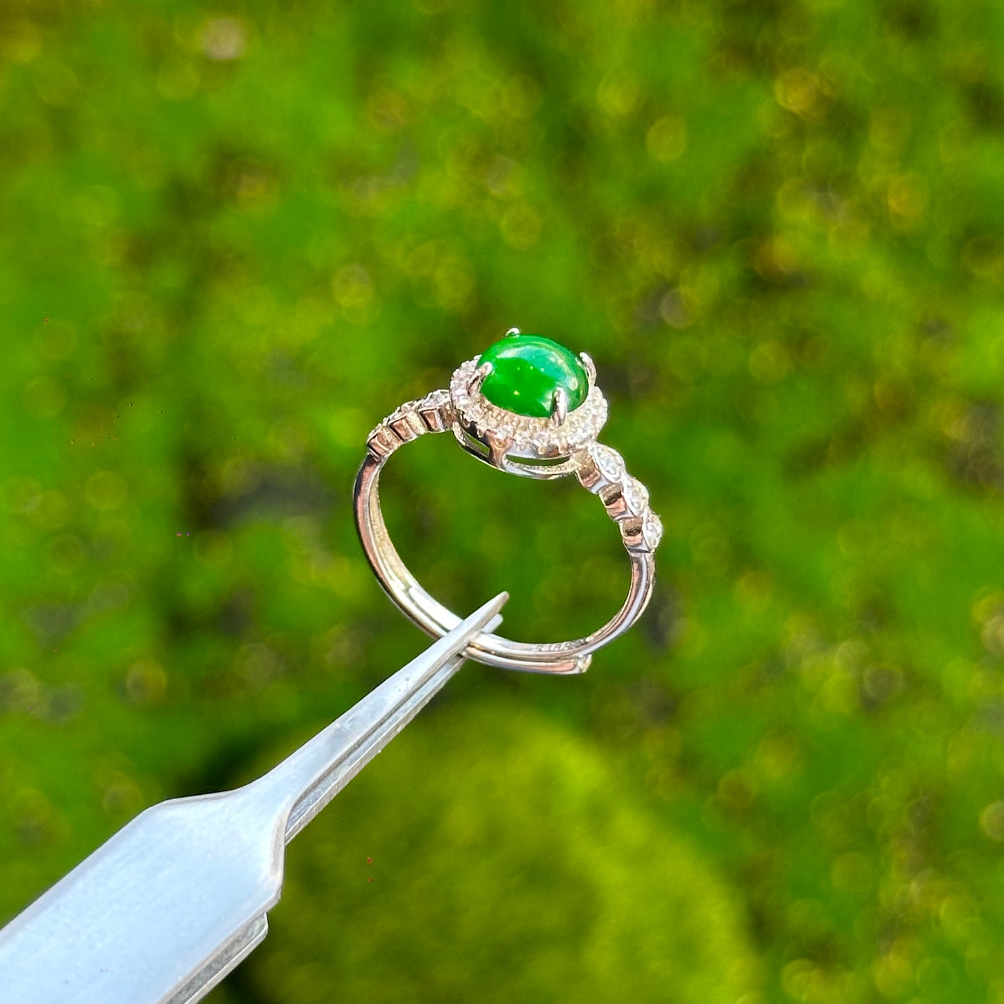 Round Halo Heart Shaped Icy Imperial Green Natural Jadeite Jade Ring Free Size in Silver 925 Setting