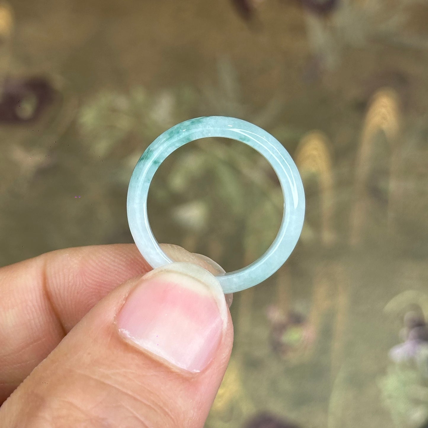 Natural Jadeite Jade Floating Floral Moss Green Semi-Translucent VIP Ring Leaf Style Size 1.9