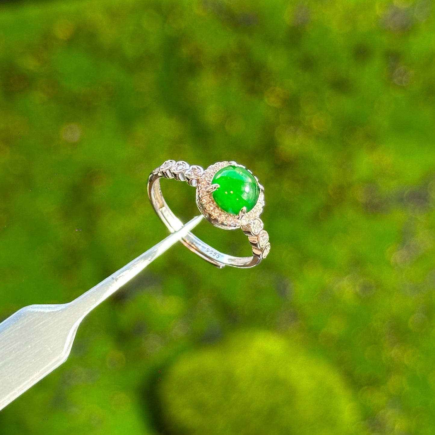 Round Halo Heart Shaped Icy Imperial Green Natural Jadeite Jade Ring Free Size in Silver 925 Setting