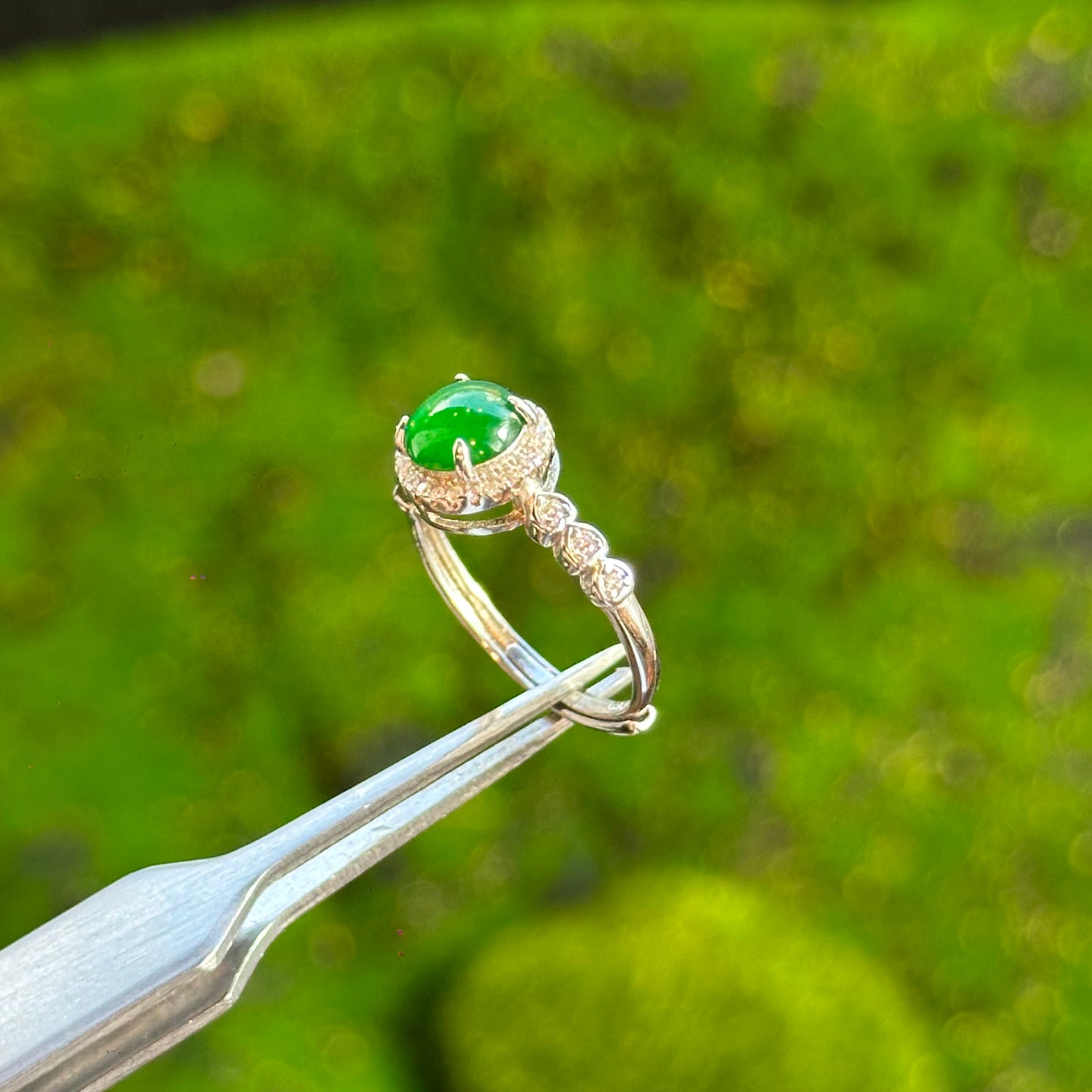 Round Halo Heart Shaped Icy Imperial Green Natural Jadeite Jade Ring Free Size in Silver 925 Setting