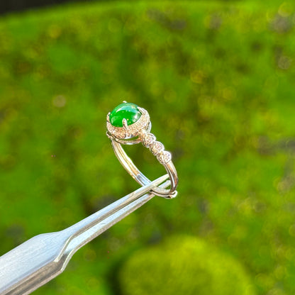 Round Halo Heart Shaped Icy Imperial Green Natural Jadeite Jade Ring Free Size in Silver 925 Setting