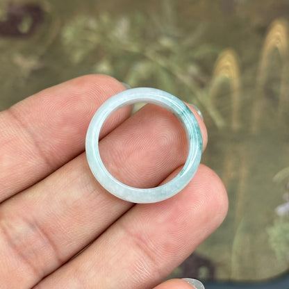 Natural Jadeite Jade Floating Floral Moss Green Semi-Translucent VIP Ring Leaf Style Size 1.9