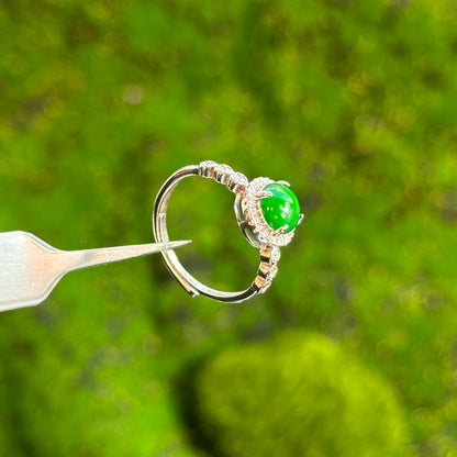 Round Halo Heart Shaped Icy Imperial Green Natural Jadeite Jade Ring Free Size in Silver 925 Setting