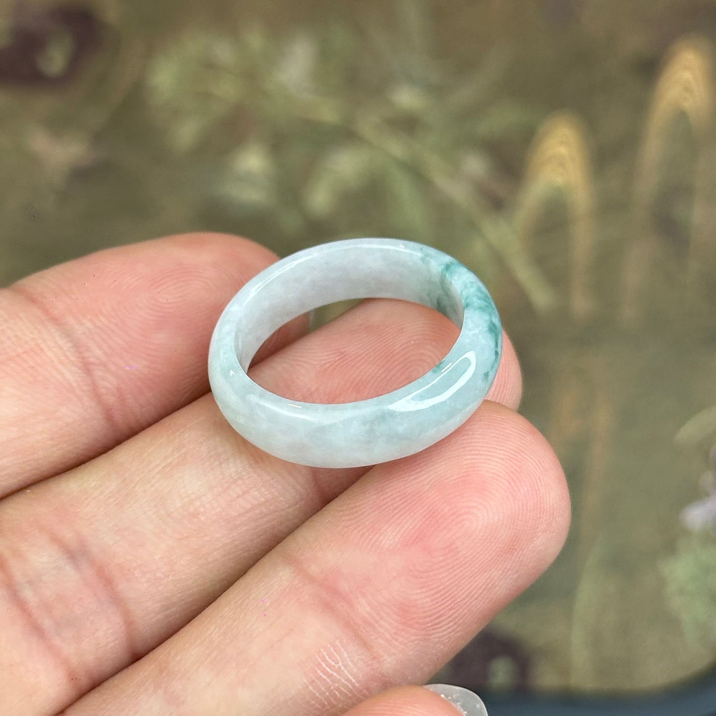 Natural Jadeite Jade Floating Floral Moss Green Semi-Translucent VIP Ring Leaf Style Size 1.9