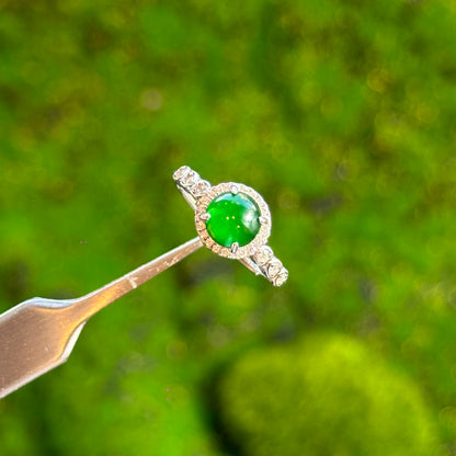 Round Halo Heart Shaped Icy Imperial Green Natural Jadeite Jade Ring Free Size in Silver 925 Setting