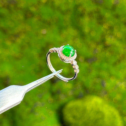 Round Halo Heart Shaped Icy Imperial Green Natural Jadeite Jade Ring Free Size in Silver 925 Setting