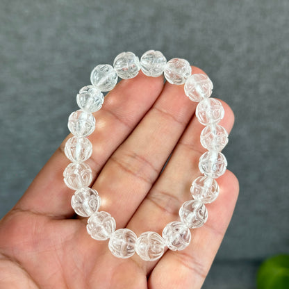 Lotus Carved Natural Clear Quartz Bracelet Size 10mm