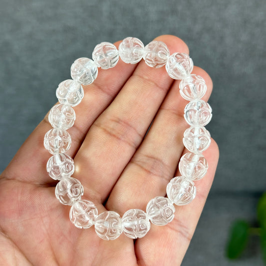 Lotus Carved Natural Clear Quartz Bracelet Size 10mm