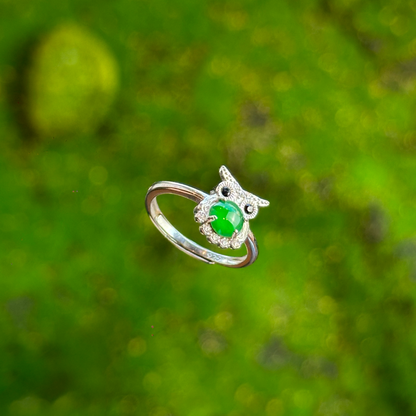 Owl  Icy Imperial Green Jadeite Jade Ring Free size in Silver 925 Setting