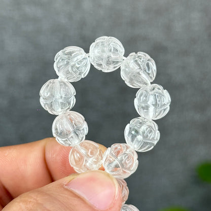 Lotus Carved Natural Clear Quartz Bracelet Size 10mm