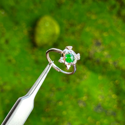 Pig Icy Imperial Green Jadeite Jade Ring Free size in Silver 925 Setting