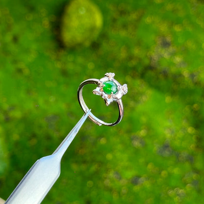Pig Icy Imperial Green Jadeite Jade Ring Free size in Silver 925 Setting
