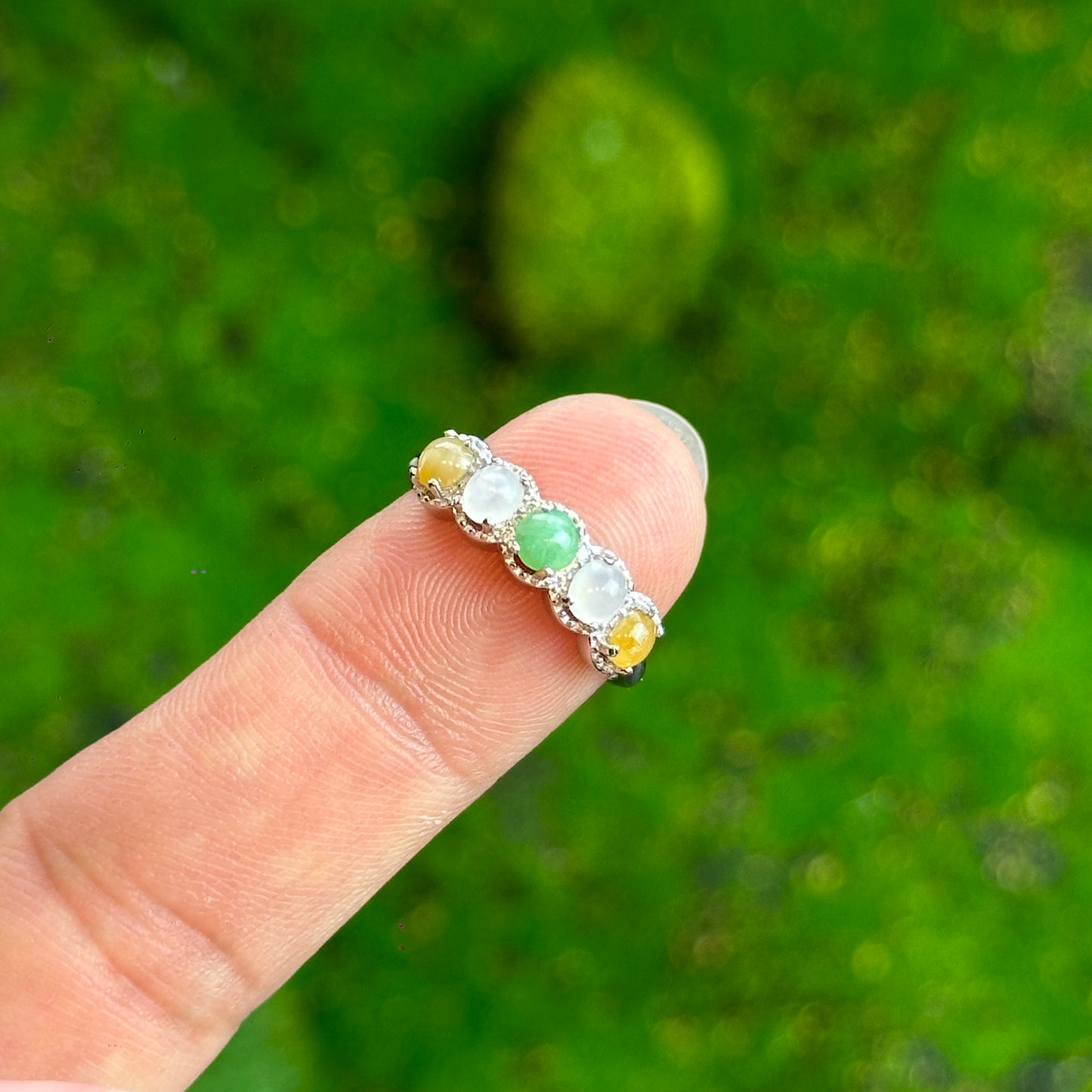 5 Stone Multi Colour Jadeite Jade Ring in Silver Setting Free Size in Silver 925 Setting