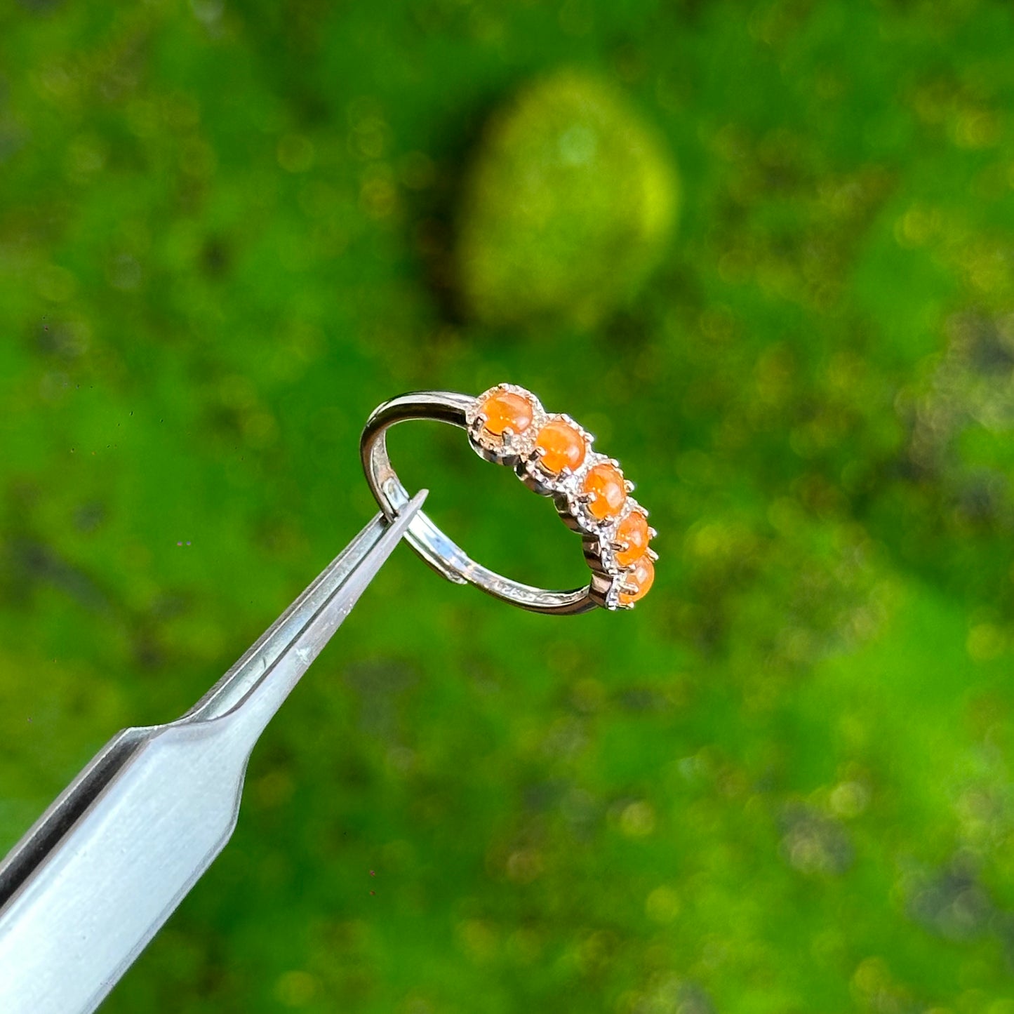 5 Stone Orange Jadeite Jade Ring Free size in Silver 925 Setting