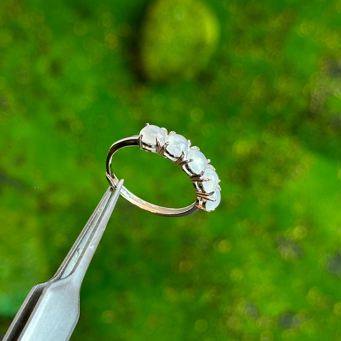 5 Stone Icy Translucent Jadeite Jade Ring in Silver Setting Free size in Silver 925 Setting