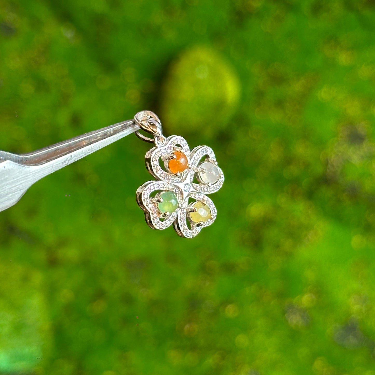 Multi Colour Jadeite Jade Four Leaf Clover Pendant in Silver 925 Setting