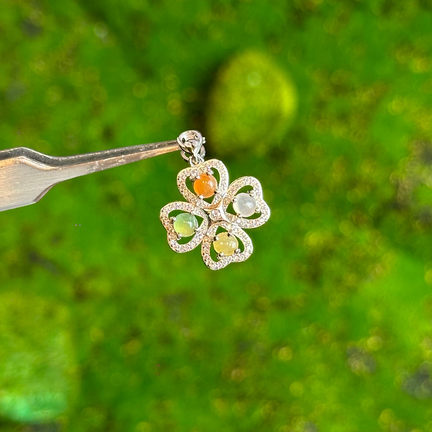 Multi Colour Jadeite Jade Four Leaf Clover Pendant in Silver 925 Setting