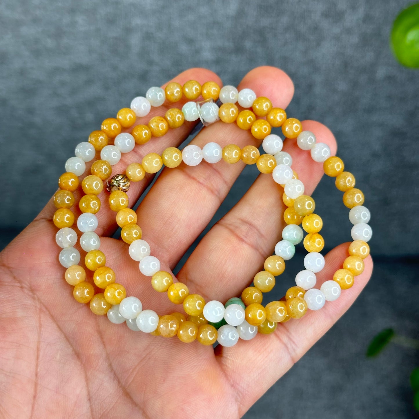 Natural Orange-IvoryWhite-Light Green Jadite Jade Triple Wrap VIP Bracelet Size 6 mm