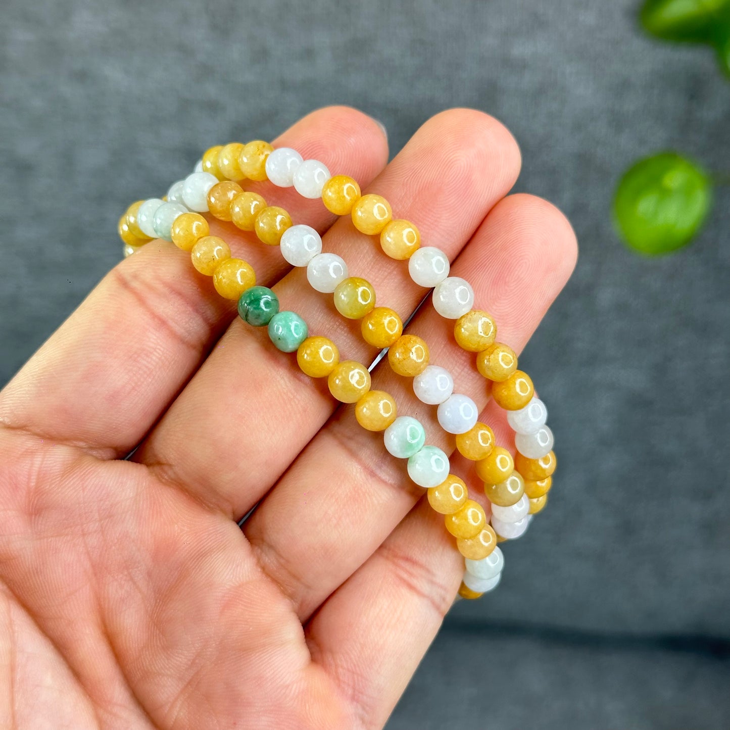 Natural Orange-IvoryWhite-Light Green Jadite Jade Triple Wrap VIP Bracelet Size 6 mm