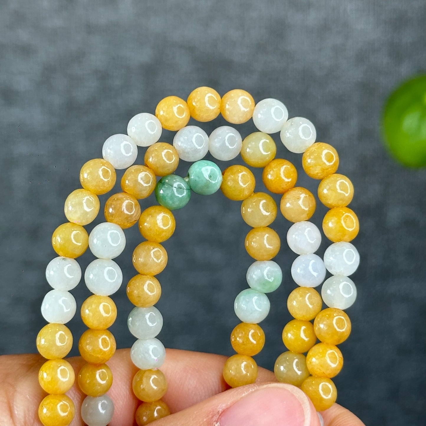 Natural Orange-IvoryWhite-Light Green Jadite Jade Triple Wrap VIP Bracelet Size 6 mm