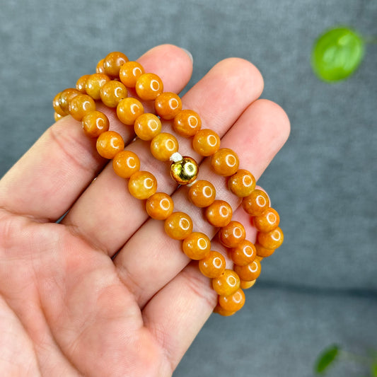 Natural Dark Orange Jadeite Jade Triple Wrap VIP Bracelet Size 7.8 mm