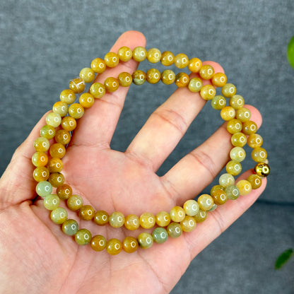 Natural Orange mixed Light Green Jadeite Jade Triple Wrap VIP Bracelet Size 7.8 mm