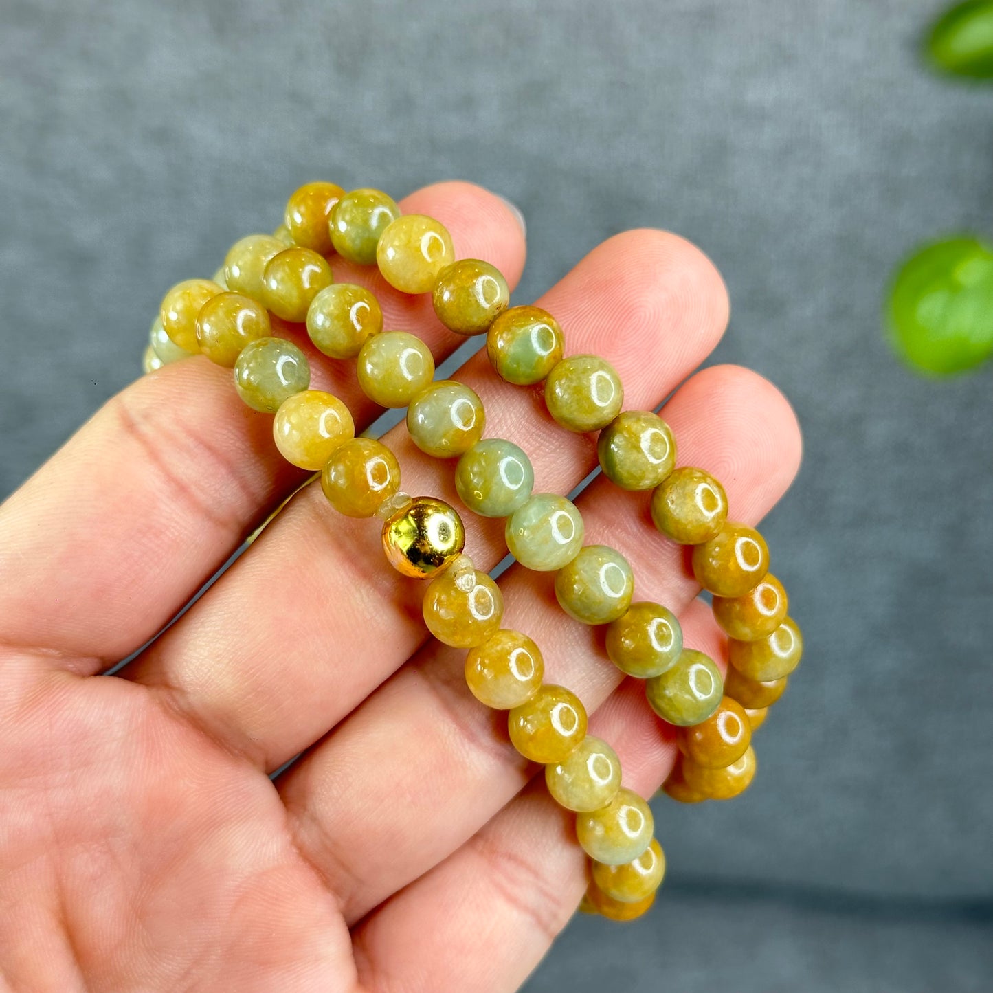 Natural Orange mixed Light Green Jadeite Jade Triple Wrap VIP Bracelet Size 7.8 mm