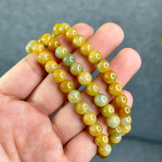 Natural Orange mixed Light Green Jadeite Jade Triple Wrap VIP Bracelet Size 7.8 mm