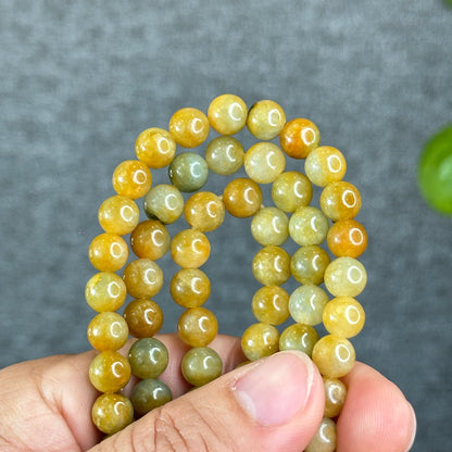 Natural Orange mixed Light Green Jadeite Jade Triple Wrap VIP Bracelet Size 7.8 mm