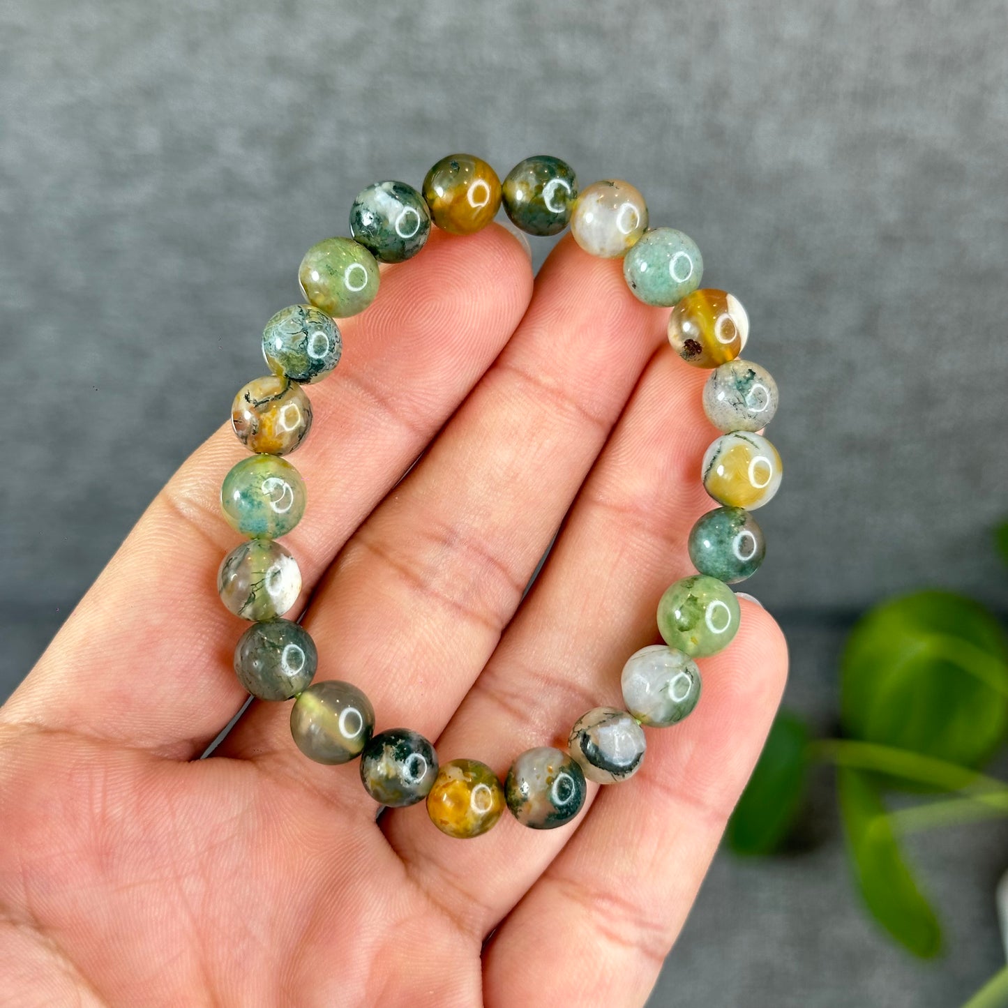 Natural Moss Agate Green Yellow  Bracelet Size 8 mm