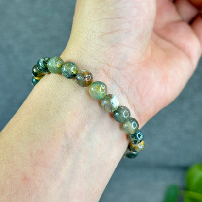 Natural Moss Agate Green Yellow  Bracelet Size 8 mm