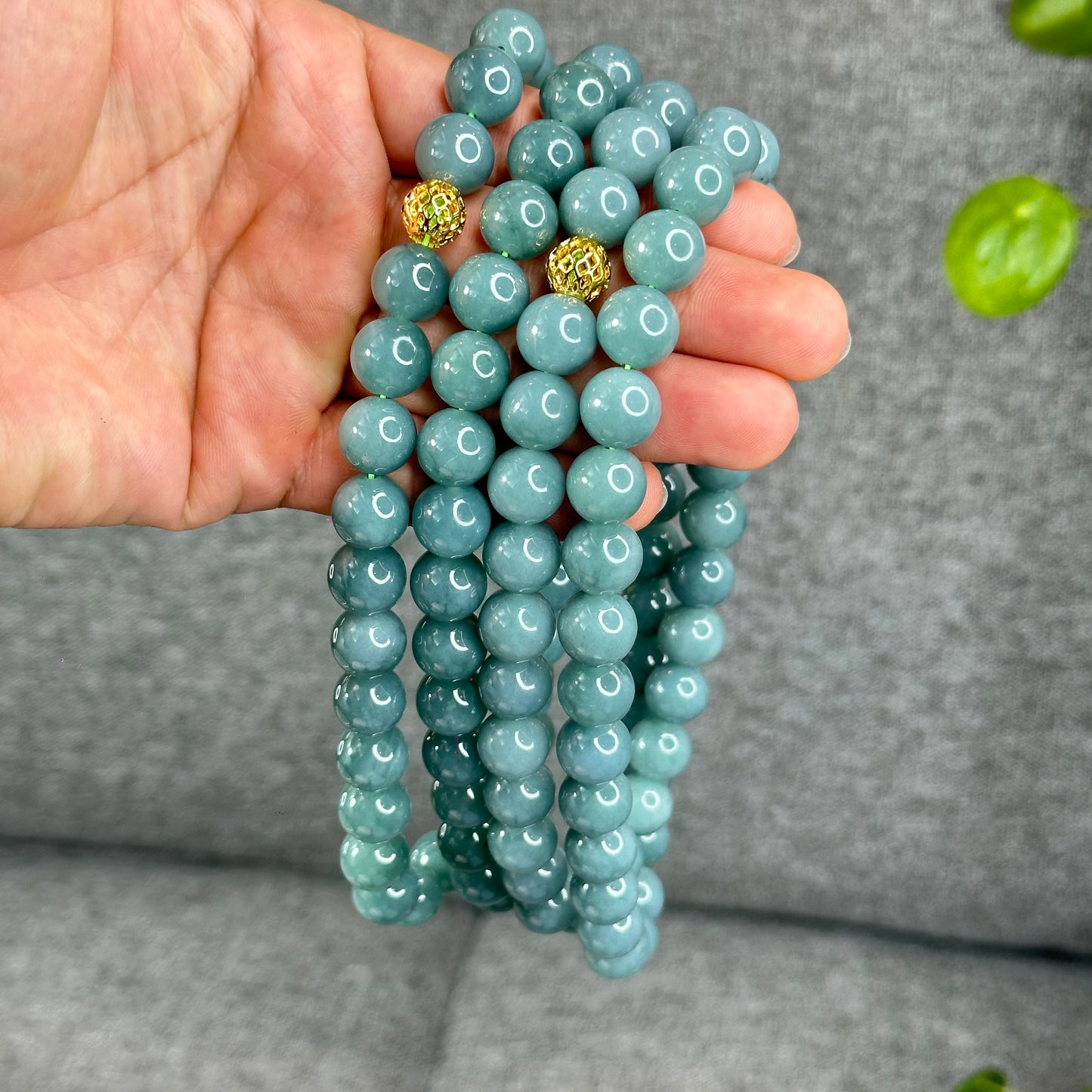 Natural Light Water Green Jadeite Jade Necklace Size 12 mm