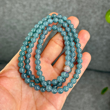 Natural Translucent Light Water Green Jadeite Jade Triple Wrap Bracelet/Necklace Size 6.8 mm