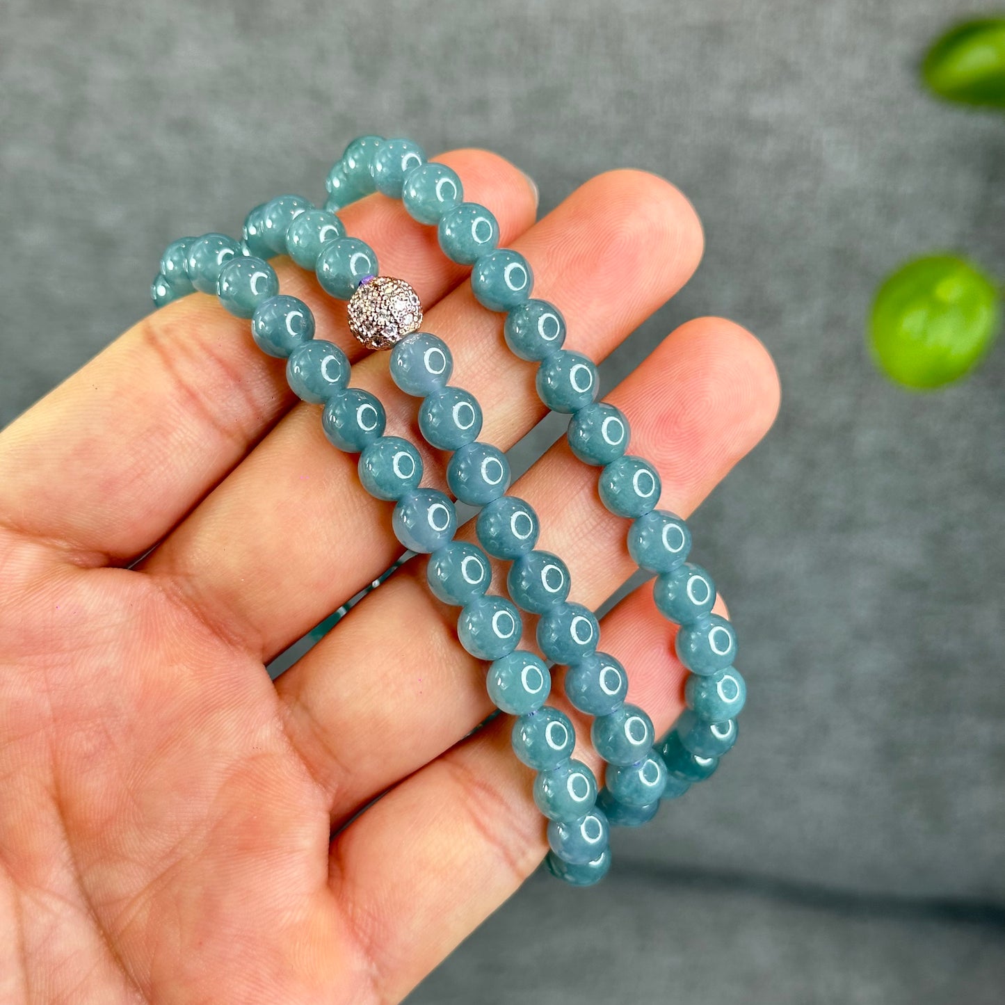 Natural Translucent Light Water Green Jadeite Jade Triple Wrap Bracelet/Necklace Size 6.8 mm