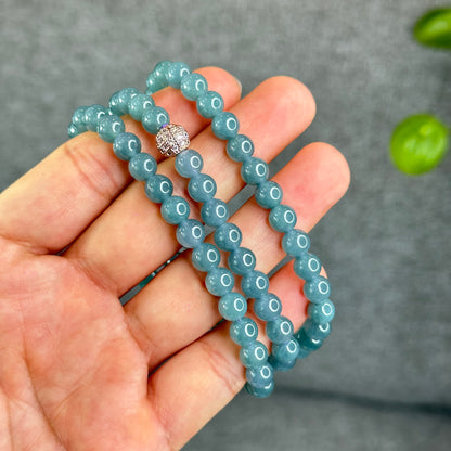 Natural Translucent Light Water Green Jadeite Jade Triple Wrap Bracelet/Necklace Size 6.8 mm
