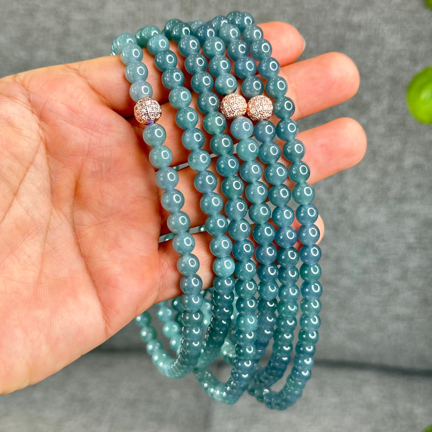 Natural Translucent Light Water Green Jadeite Jade Triple Wrap Bracelet/Necklace Size 6.8 mm