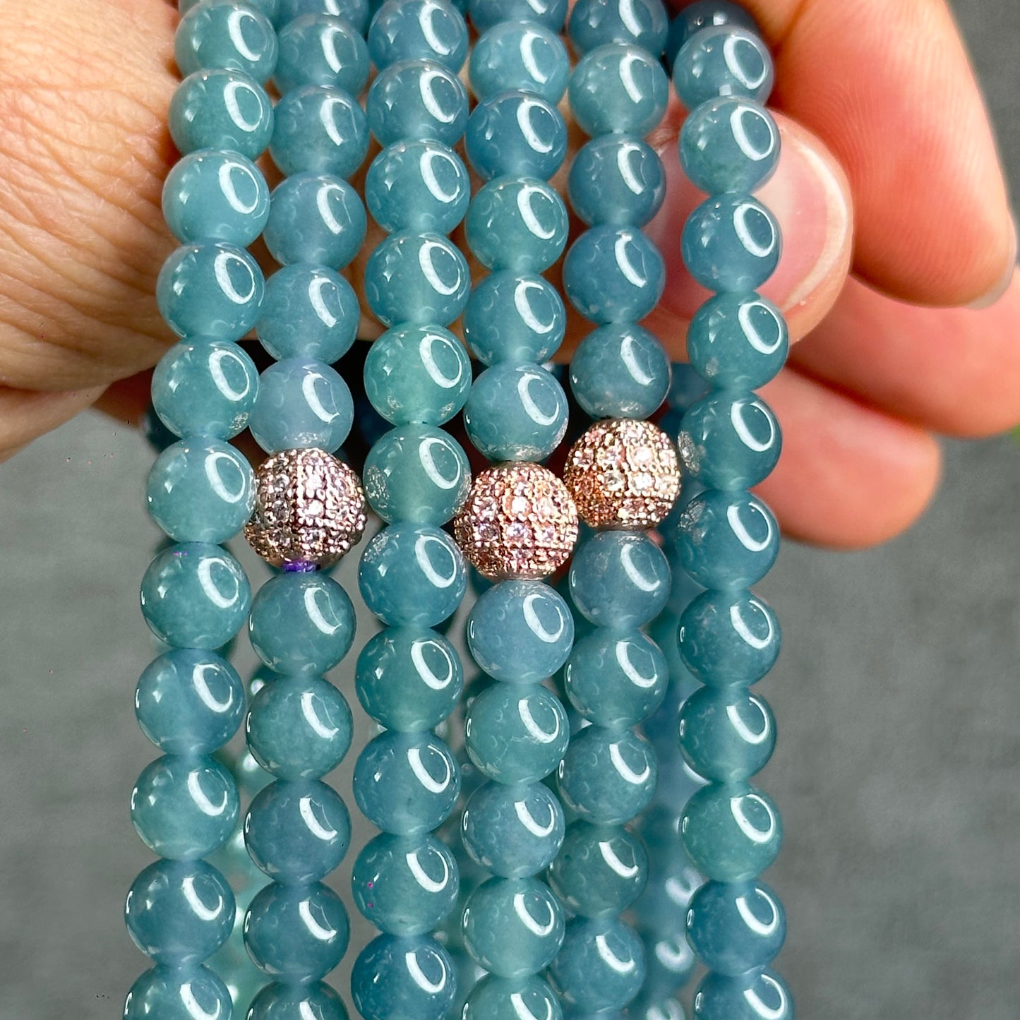 Natural Translucent Light Water Green Jadeite Jade Triple Wrap Bracelet/Necklace Size 6.8 mm