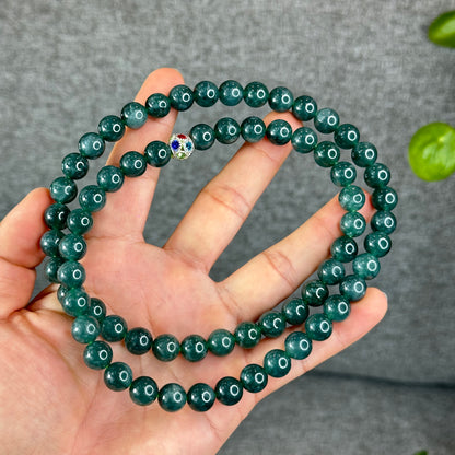 Natural Semi-Translucent Floral Water Green Jadeite Jade Triple Wrap Bracelet/Necklace 10 mm