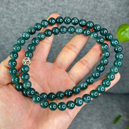 Natural Semi-Translucent Floral Water Green Jadeite Jade Triple Wrap Bracelet/Necklace 10 mm