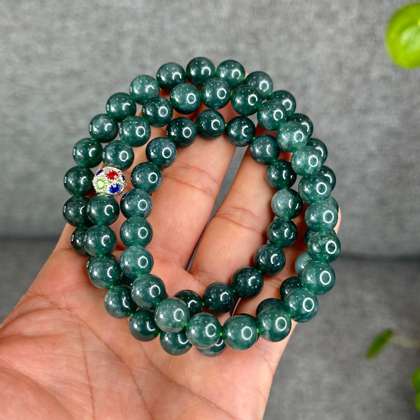 Natural Semi-Translucent Floral Water Green Jadeite Jade Triple Wrap Bracelet/Necklace 10 mm