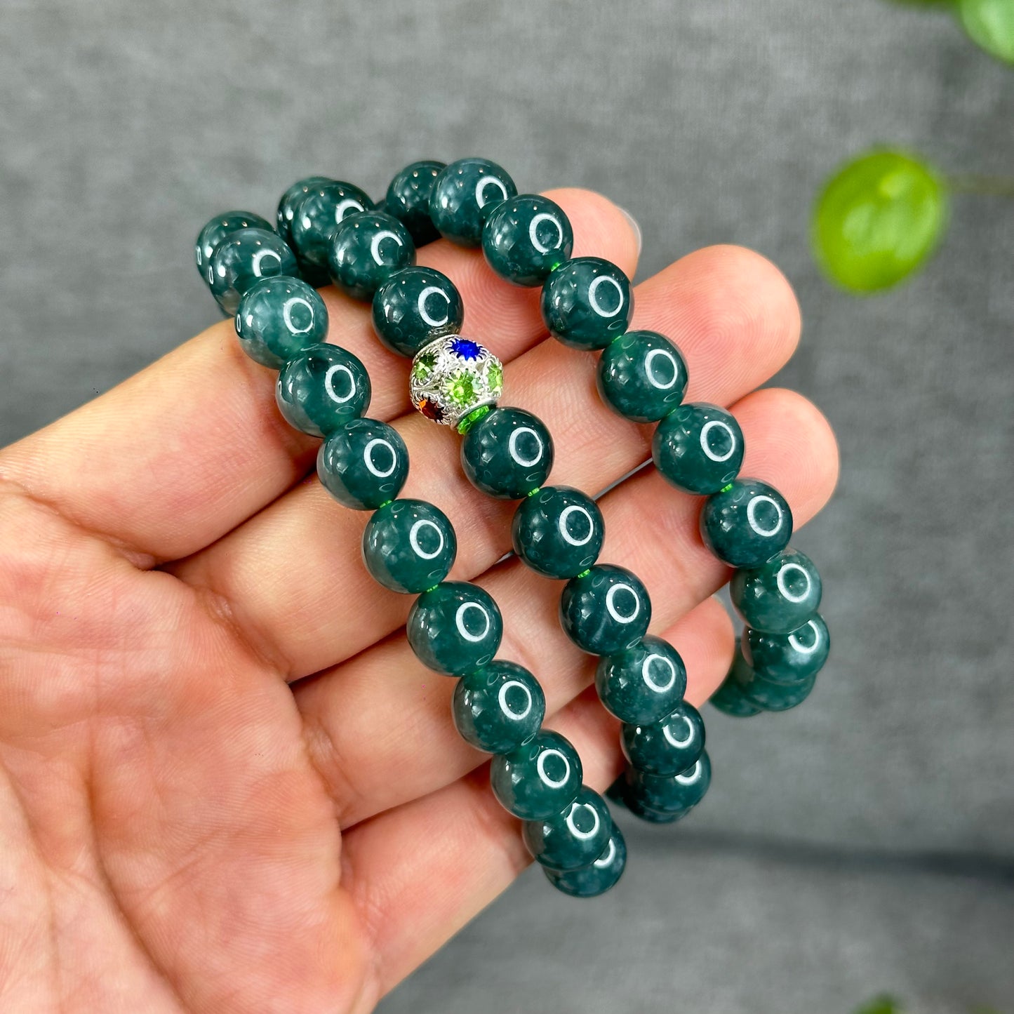 Natural Semi-Translucent Floral Water Green Jadeite Jade Triple Wrap Bracelet/Necklace 10 mm