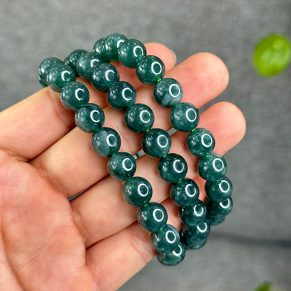 Natural Semi-Translucent Floral Water Green Jadeite Jade Triple Wrap Bracelet/Necklace 10 mm