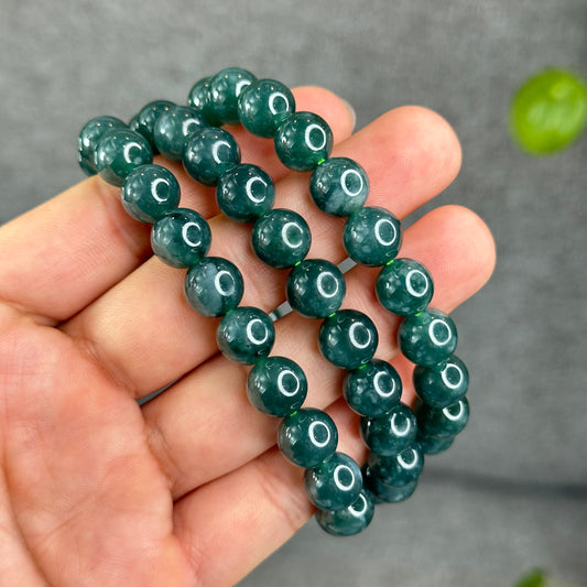 Natural Semi-Translucent Floral Water Green Jadeite Jade Triple Wrap Bracelet/Necklace 10 mm