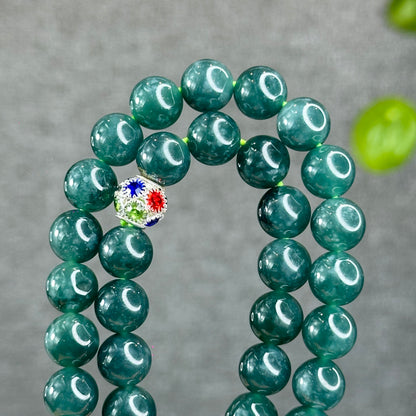 Natural Semi-Translucent Floral Water Green Jadeite Jade Triple Wrap Bracelet/Necklace 10 mm