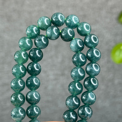Natural Semi-Translucent Floral Water Green Jadeite Jade Triple Wrap Bracelet/Necklace 10 mm