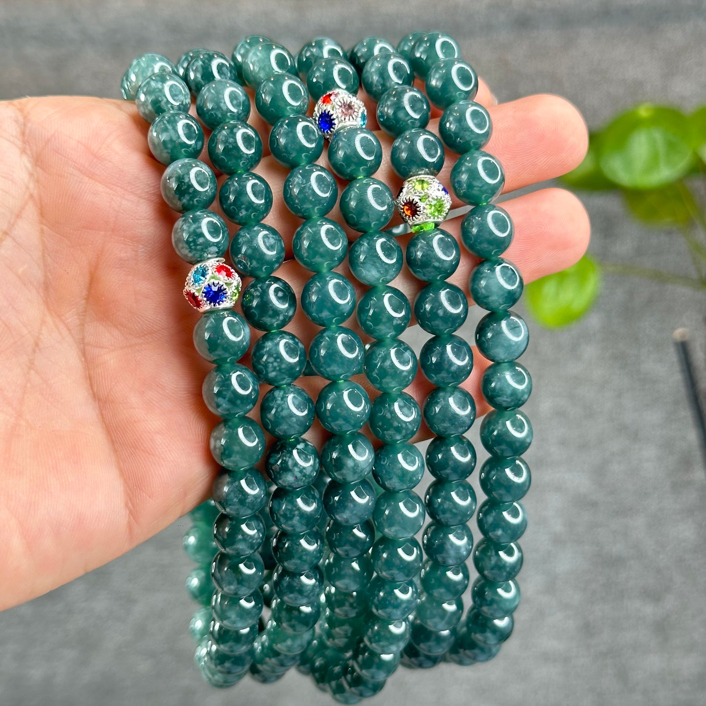 Natural Semi-Translucent Floral Water Green Jadeite Jade Triple Wrap Bracelet/Necklace 10 mm