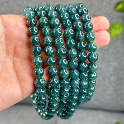 Natural Semi-Translucent Floral Water Green Jadeite Jade Triple Wrap Bracelet/Necklace 10 mm