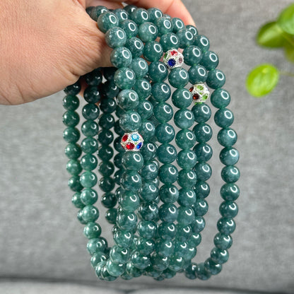 Natural Semi-Translucent Floral Water Green Jadeite Jade Triple Wrap Bracelet/Necklace 10 mm