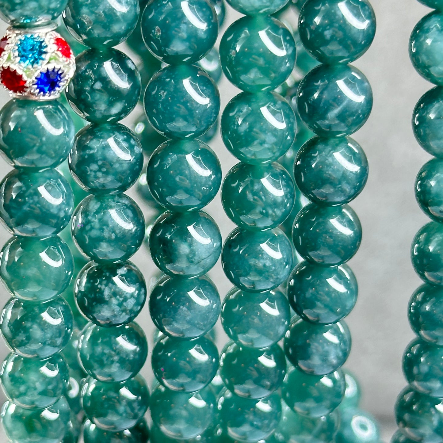 Natural Semi-Translucent Floral Water Green Jadeite Jade Triple Wrap Bracelet/Necklace 10 mm